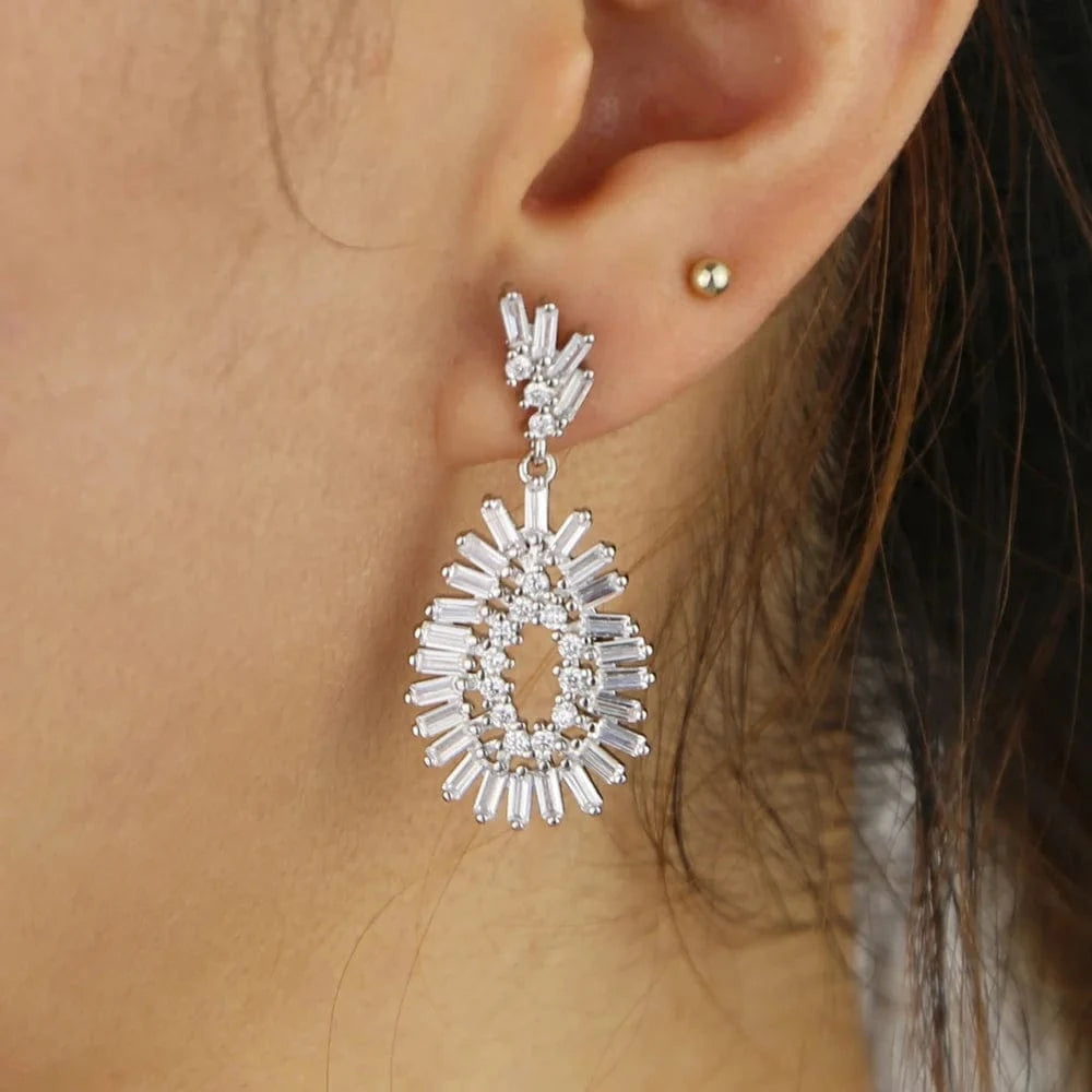diamond earring geometric rectangle cz firework Sparking bling zirconia Dangle drop earrings for women fashion jewelry