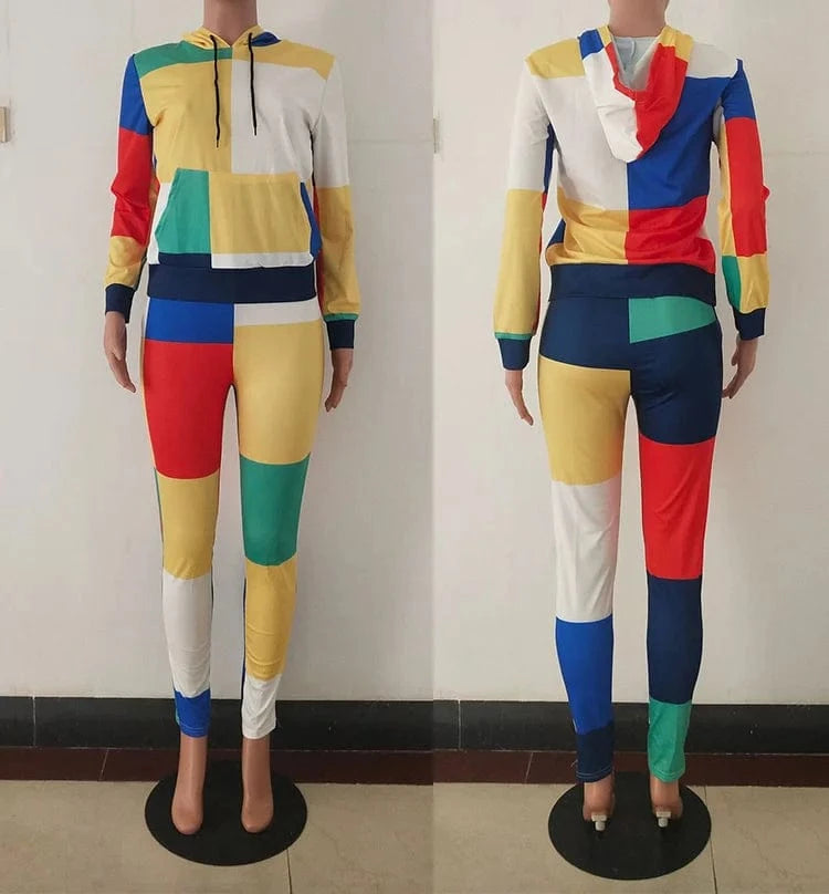 Digital Print Streetwear Women'S Two Piece Outfit Patchwork Long Sleeve Pullover Hoodie Jacket Long Pants Tracksuit Jogger Set