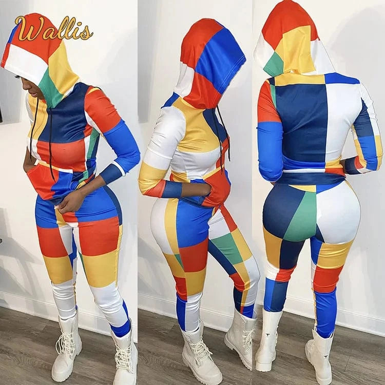 Digital Print Streetwear Women'S Two Piece Outfit Patchwork Long Sleeve Pullover Hoodie Jacket Long Pants Tracksuit Jogger Set