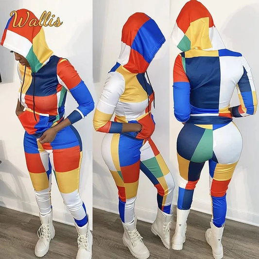 Digital Print Streetwear Women'S Two Piece Outfit Patchwork Long Sleeve Pullover Hoodie Jacket Long Pants Tracksuit Jogger Set