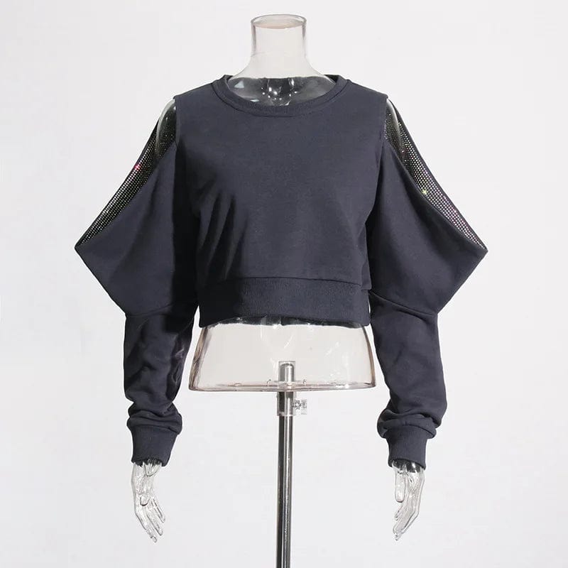 Discharge Printing / L / Gray OUDINA 2024 Simple Casual Style Crop Top Spring New Hollow Off Shoulder Loose Solid Color Versatile Woman Sweatshirt