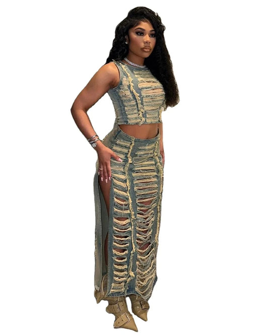 Distressed denim women two piece skirt set denim dresses women's summer clothing 2024