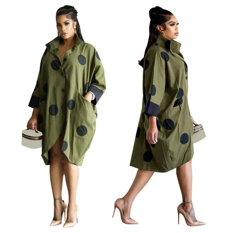 dot print knit oversize long loose fitting long sleeve midi shirt dress 2024 new arrival woman casual cotton clothing for women