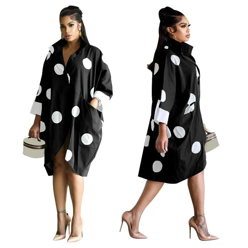 dot print knit oversize long loose fitting long sleeve midi shirt dress 2024 new arrival woman casual cotton clothing for women