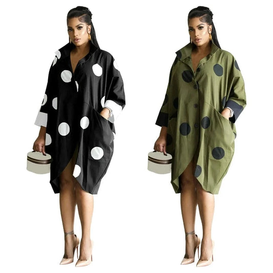 dot print knit oversize long loose fitting long sleeve midi shirt dress 2024 new arrival woman casual cotton clothing for women
