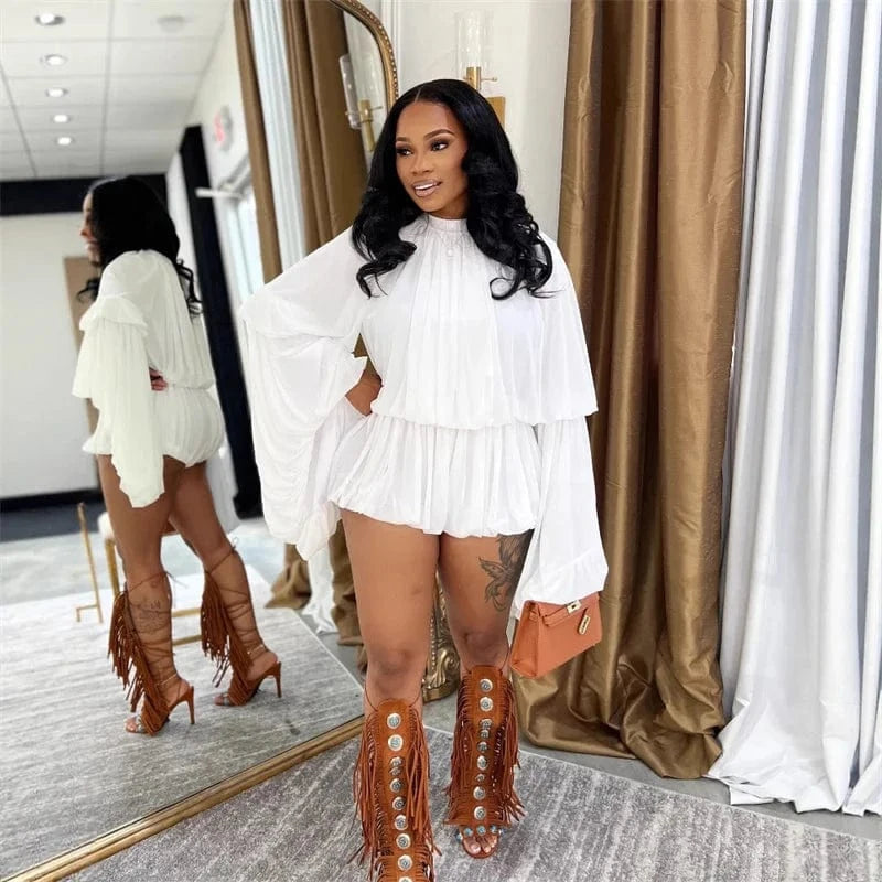 Doyerl Pleated Ruffles 2 Piece Set Woman Y2K Rave Clothing Festival Long Flare Sleeve Top and Short New in Matching Sets Outfits