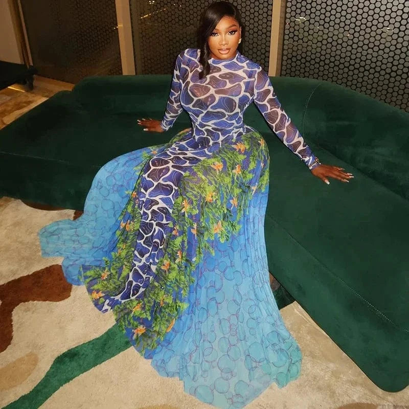 Doyerl Sexy Mesh Sheer Long Sleeve Maxi Dresses Women Spring Autumn Stretchy Print Patchwork A-line Club Party Birthday Dress