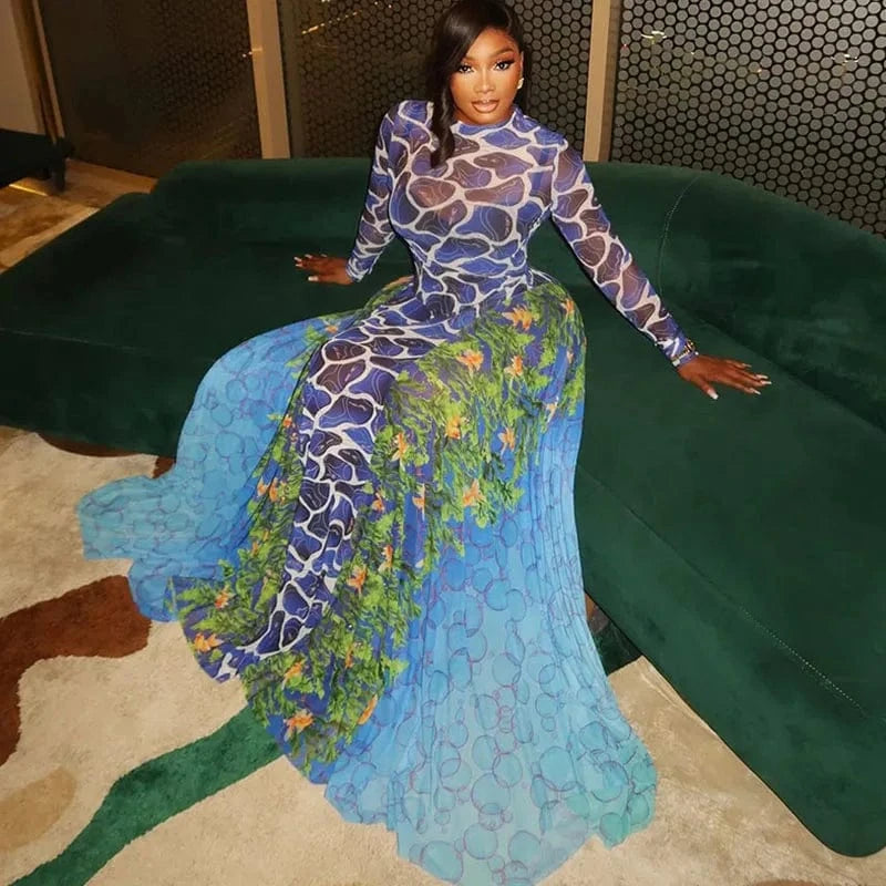 Doyerl Sexy Mesh Sheer Long Sleeve Maxi Dresses Women Spring Autumn Stretchy Print Patchwork A-line Club Party Birthday Dress