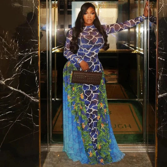 Doyerl Sexy Mesh Sheer Long Sleeve Maxi Dresses Women Spring Autumn Stretchy Print Patchwork A-line Club Party Birthday Dress