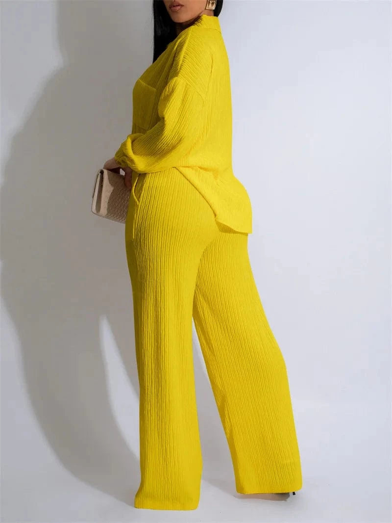 Doyerl Solid Casual Loungewear Sets Woman Two Piece Outfit Loose Fit Long Sleeve Shirt Top and Wide Leg Pants Matching Sets