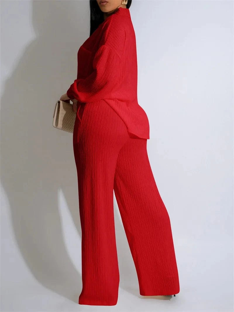 Doyerl Solid Casual Loungewear Sets Woman Two Piece Outfit Loose Fit Long Sleeve Shirt Top and Wide Leg Pants Matching Sets