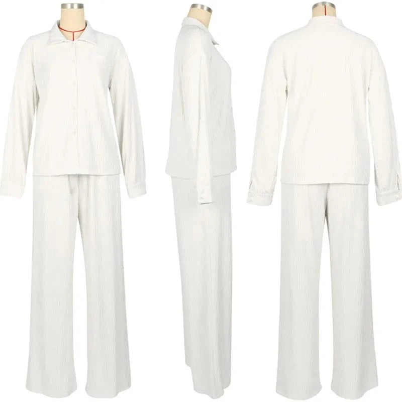Doyerl Solid Casual Loungewear Sets Woman Two Piece Outfit Loose Fit Long Sleeve Shirt Top and Wide Leg Pants Matching Sets
