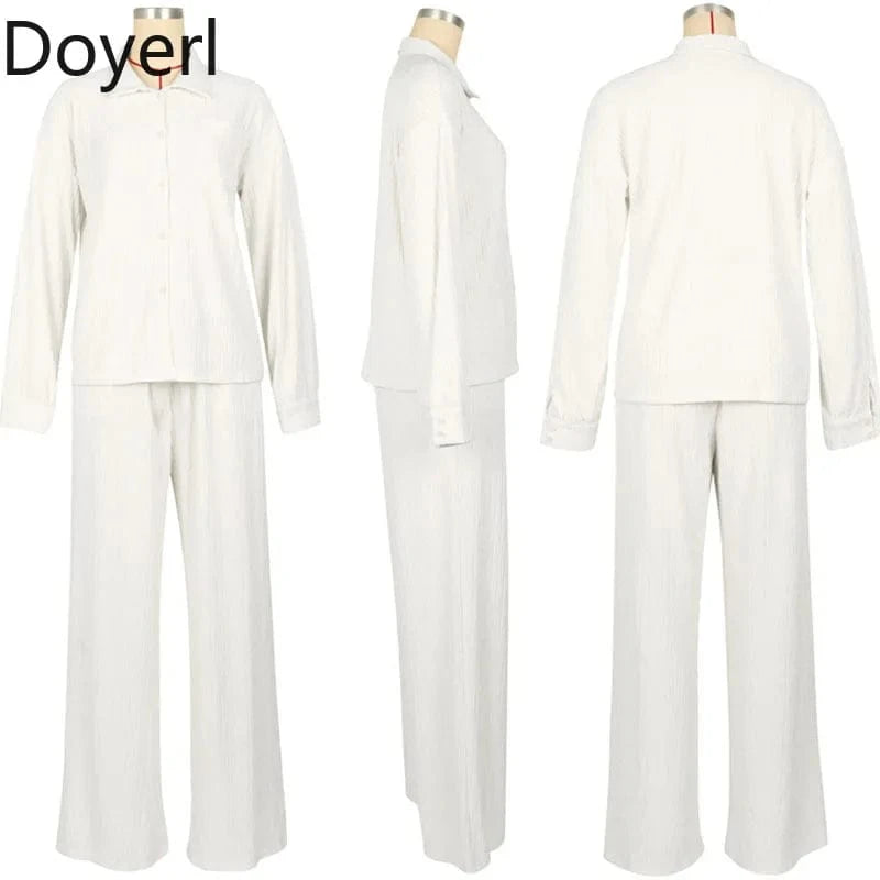 Doyerl Solid Casual Loungewear Sets Woman Two Piece Outfit Loose Fit Long Sleeve Shirt Top and Wide Leg Pants Matching Sets
