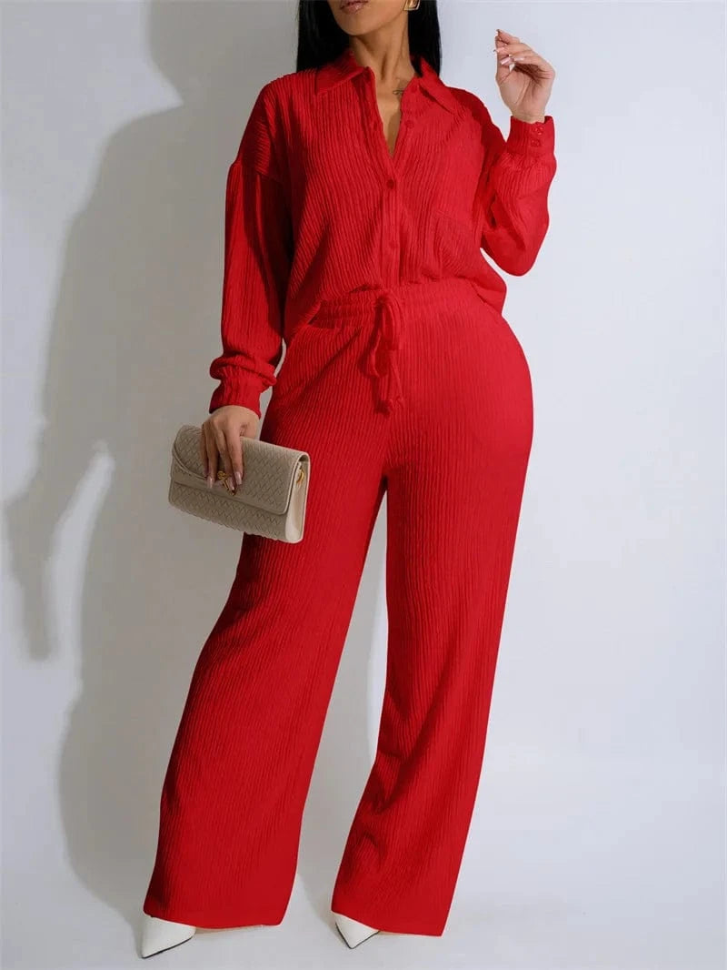 Doyerl Solid Casual Loungewear Sets Woman Two Piece Outfit Loose Fit Long Sleeve Shirt Top and Wide Leg Pants Matching Sets