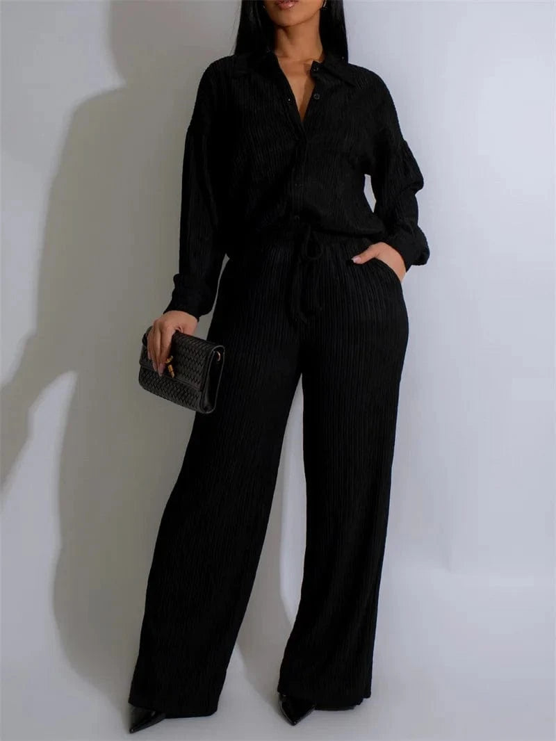 Doyerl Solid Casual Loungewear Sets Woman Two Piece Outfit Loose Fit Long Sleeve Shirt Top and Wide Leg Pants Matching Sets