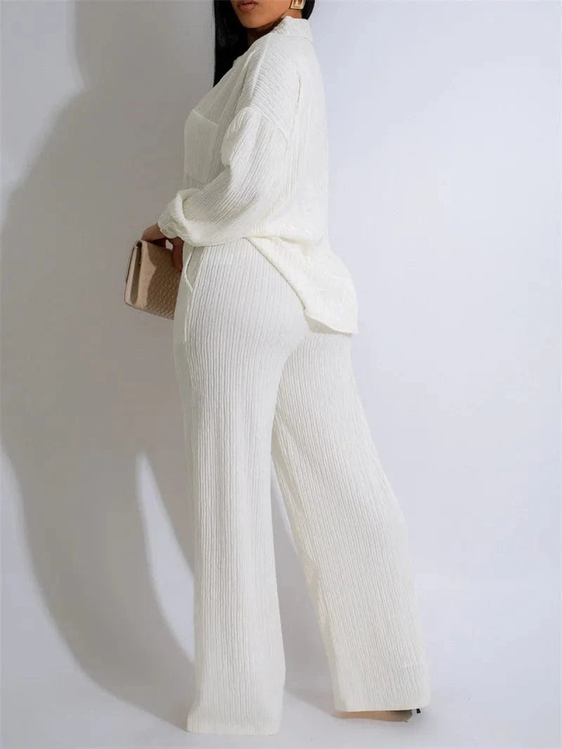 Doyerl Solid Casual Loungewear Sets Woman Two Piece Outfit Loose Fit Long Sleeve Shirt Top and Wide Leg Pants Matching Sets