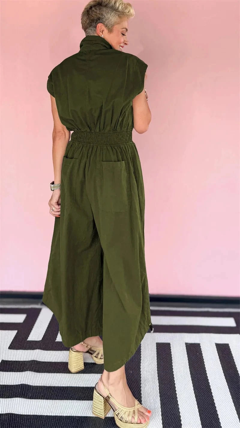 Doyerl Solid Casual Summer Jumpsuit Woman Clothing Turn-down Collar Button Up Sleeveless Loose Rompers One Piece Overalls 2025