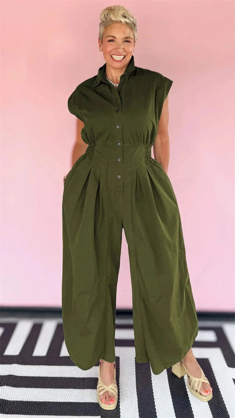 Doyerl Solid Casual Summer Jumpsuit Woman Clothing Turn-down Collar Button Up Sleeveless Loose Rompers One Piece Overalls 2025