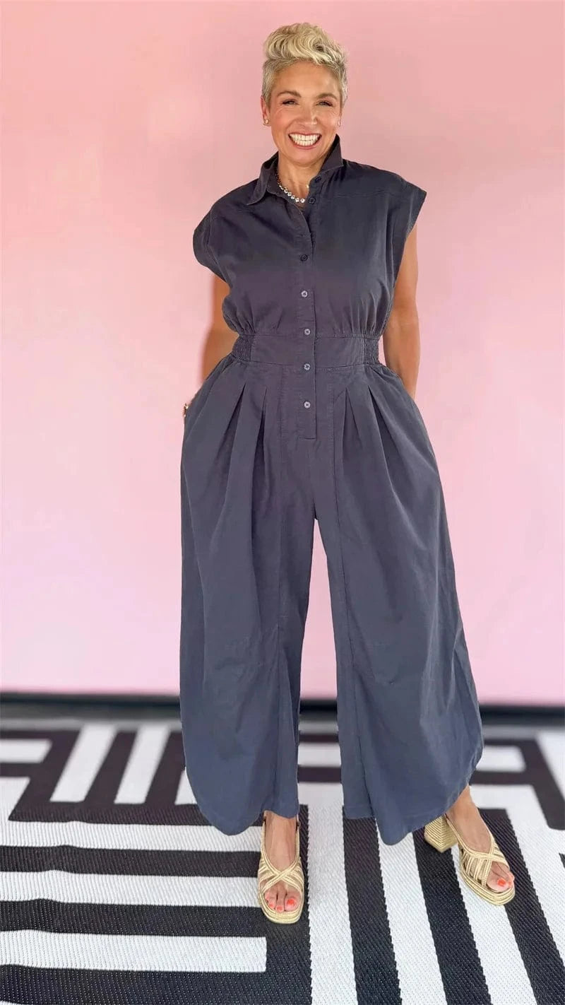 Doyerl Solid Casual Summer Jumpsuit Woman Clothing Turn-down Collar Button Up Sleeveless Loose Rompers One Piece Overalls 2025