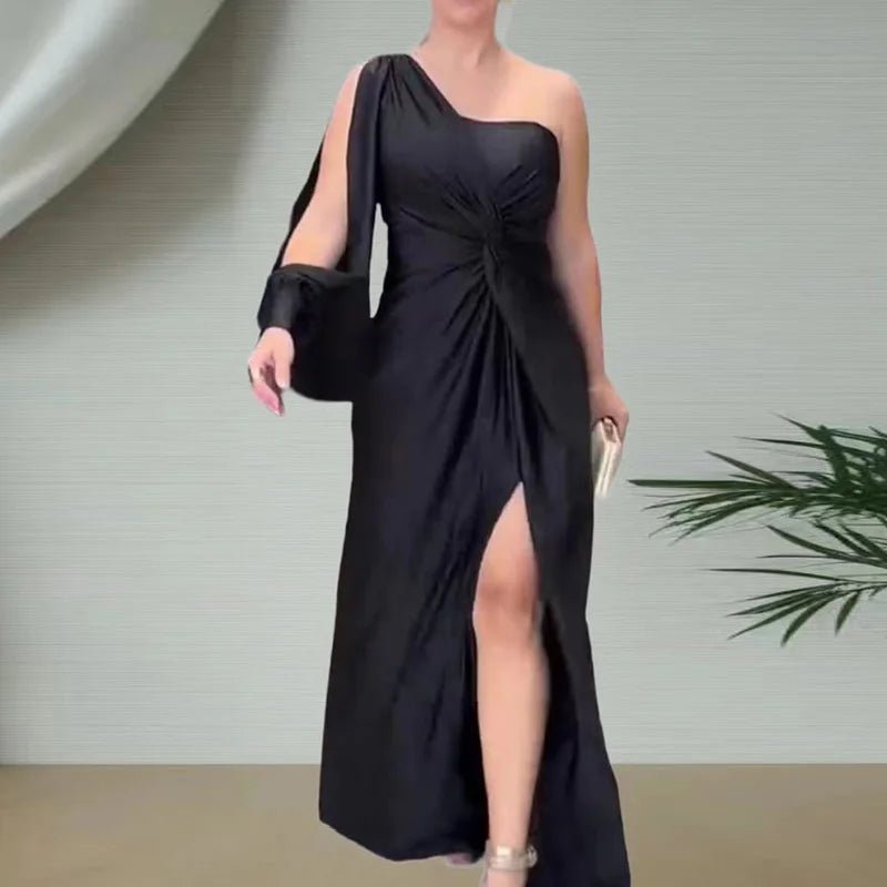 Draped Patchwork Long Sleeve Party Dress, Women Summer Skew Collar Fashion Maxi Dress, Sexy One Shoulder Ladies Dress Vestidos - SN Wigs & More