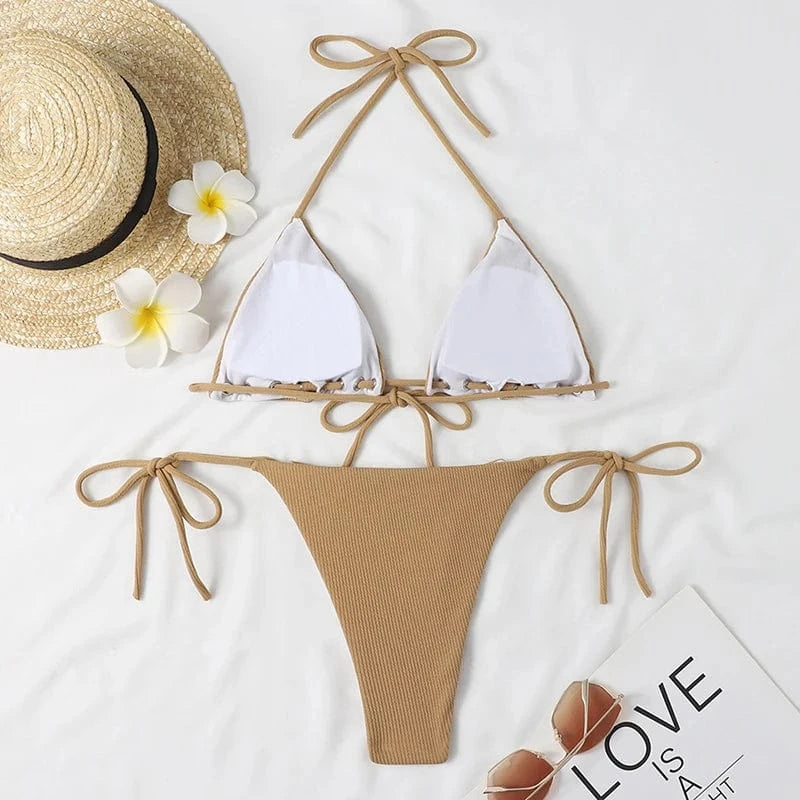 Drawstring Bandage Bikini Set Women Swimwear 2024 NWTw Halter Bra Thong Two Pieces Swimsuit Summer Sexy Bathing Suit Beachwear