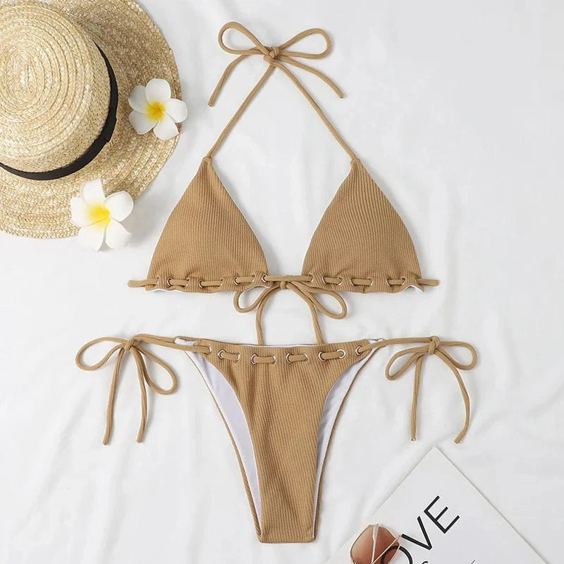 Drawstring Bandage Bikini Set Women Swimwear 2024 NWTw Halter Bra Thong Two Pieces Swimsuit Summer Sexy Bathing Suit Beachwear