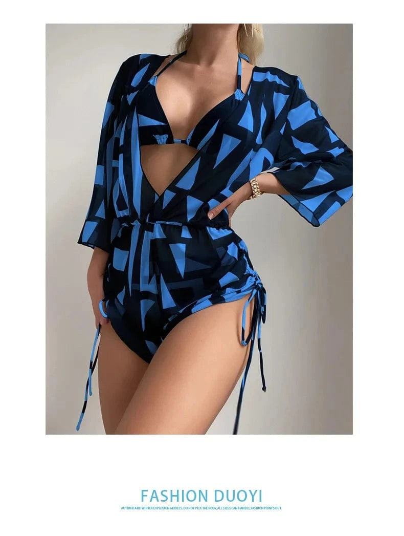 Drawstring Side Swimwear Women 2024 Bathing Suit Female Swimming Summer Beachwear 3 Piece Bikini Tropical Print Swimsuit