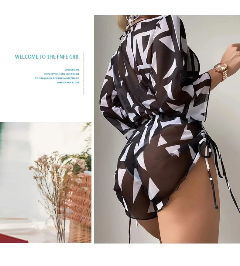 Drawstring Side Swimwear Women 2024 Bathing Suit Female Swimming Summer Beachwear 3 Piece Bikini Tropical Print Swimsuit