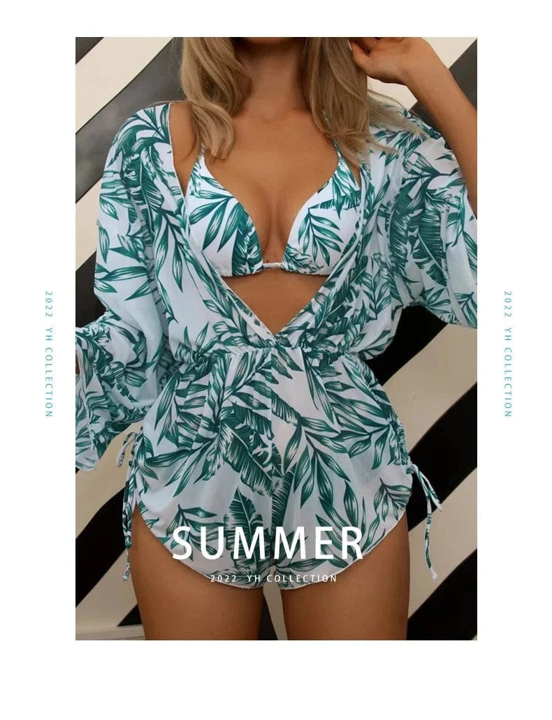 Drawstring Side Swimwear Women 2024 Bathing Suit Female Swimming Summer Beachwear 3 Piece Bikini Tropical Print Swimsuit