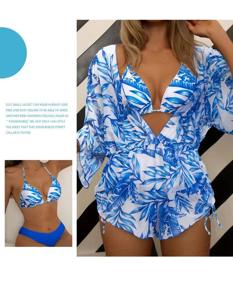 Drawstring Side Swimwear Women 2024 Bathing Suit Female Swimming Summer Beachwear 3 Piece Bikini Tropical Print Swimsuit