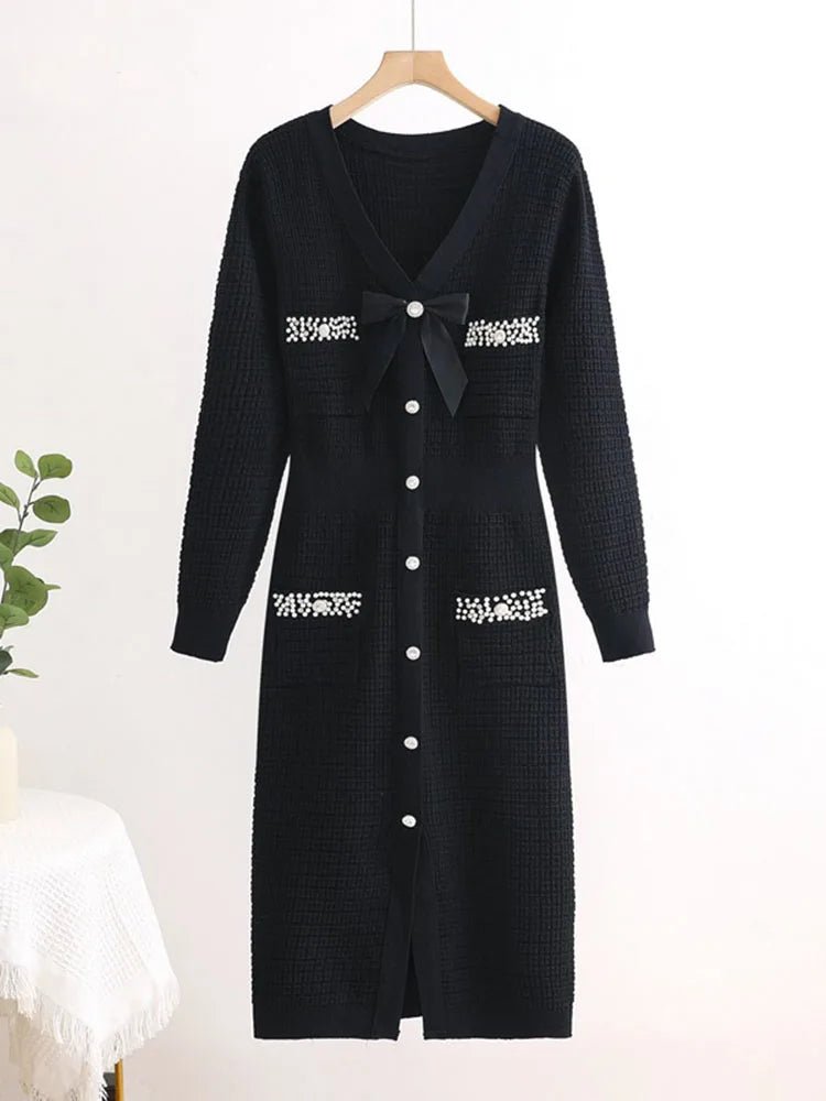 Dress Knitted Bow V Neck Slim A Line Winter Long Sleeve Knitwear For Elegant Everyday Wear - SN Wigs & More