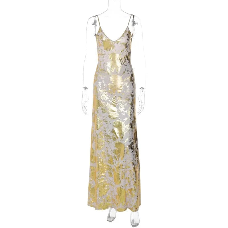 dress S / Golden Women's Strap Maxi Dress Slim Fit V Neck Off Shoulder Sleeveless Dress
