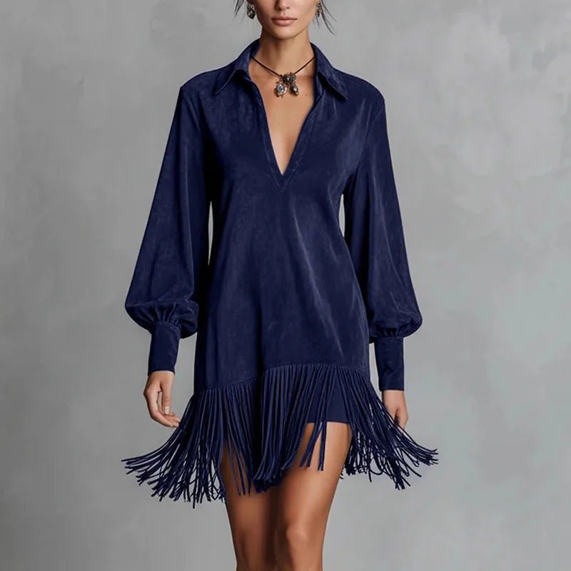 Dress Tassel Details Imitation Suede A Line Long Sleeve Hollow Neckline Spring Retro Party Dress - SN Wigs & More