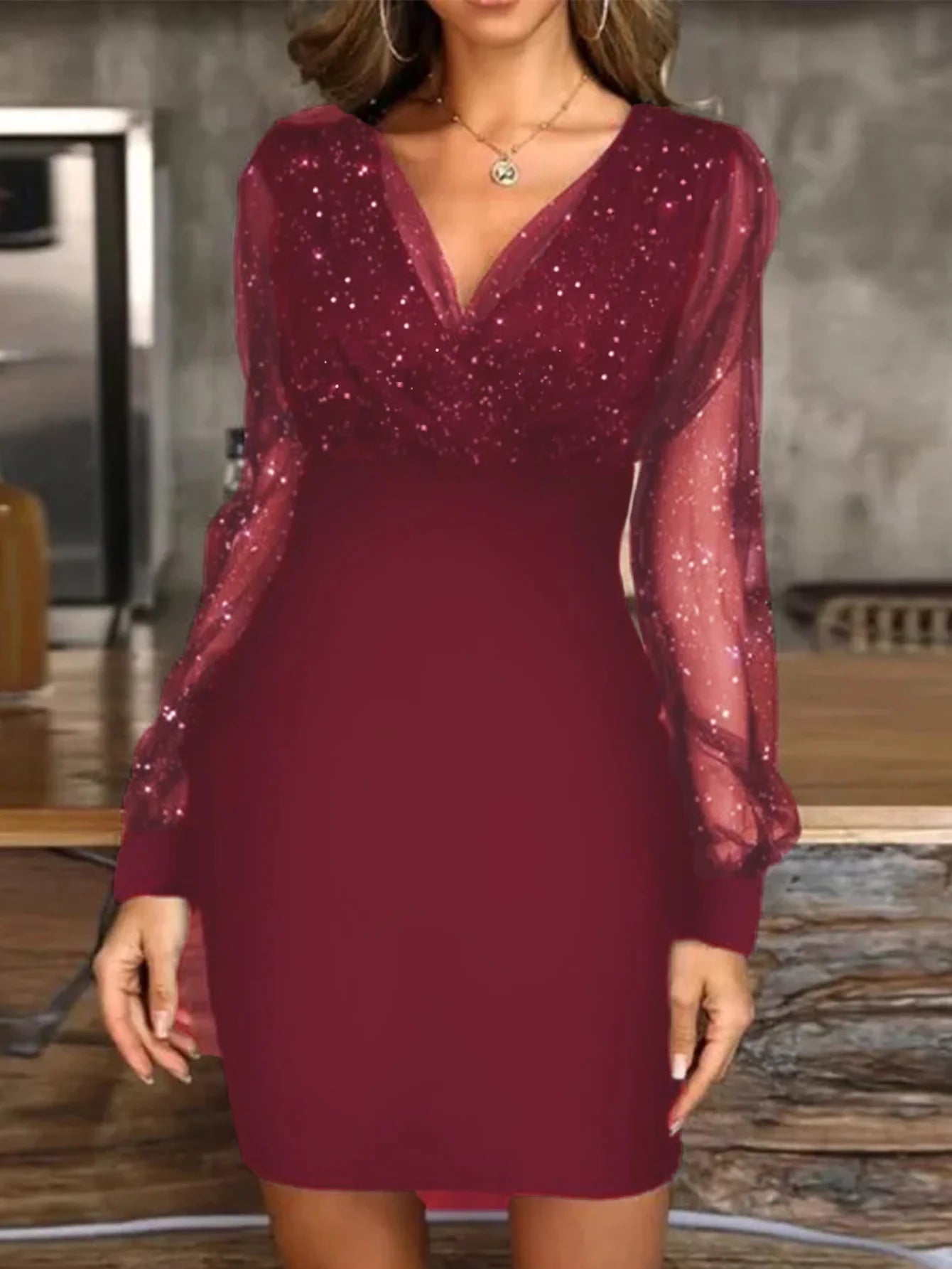 Dress V Neck Sheer Long Sleeve Knee Length Slim Fit Polyester Sexy Party Chic Style - SN Wigs & More