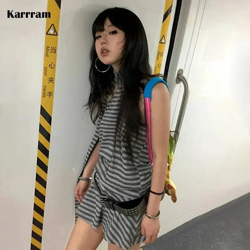 dress without belt / M Karrram Y2k Aesthetics Halter Dress Japanese 2000s Style Grey Striped Short Dress Vintage Harajuku Backless Mini Dress Grunge