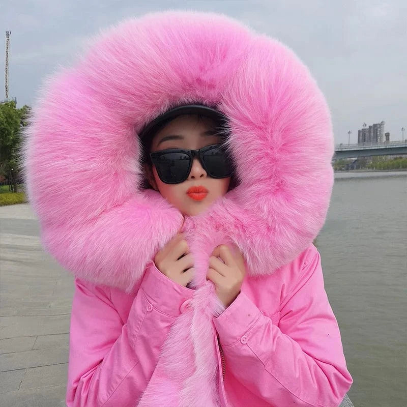 Drop Ship Maomaokong Oversize Fox Fur Hood Parka Coat Real Rabbit Fur Lining Winter Jacket Women Thick Winter Outwear