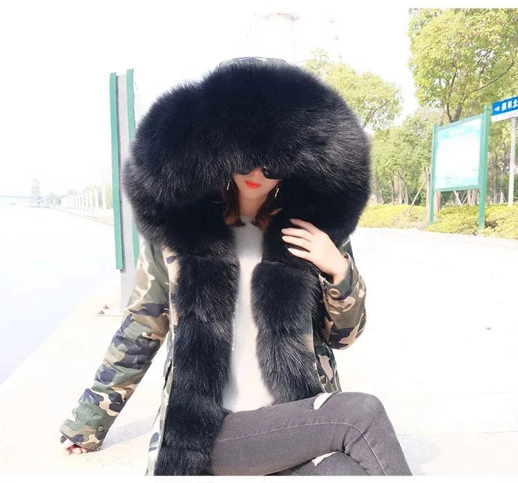 Drop Ship Maomaokong Oversize Fox Fur Hood Parka Coat Real Rabbit Fur Lining Winter Jacket Women Thick Winter Outwear