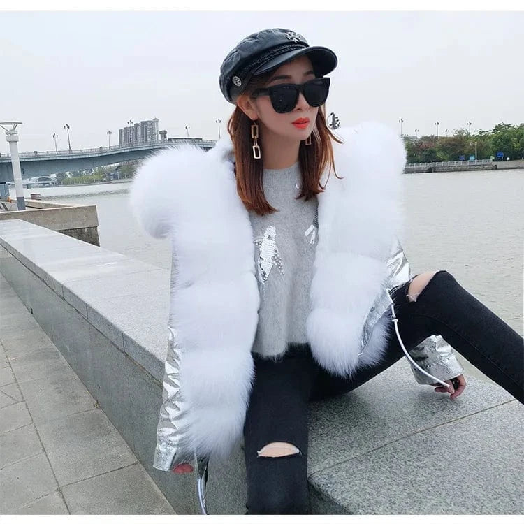 Drop Ship Maomaokong Oversize Fox Fur Hood Parka Coat Real Rabbit Fur Lining Winter Jacket Women Thick Winter Outwear