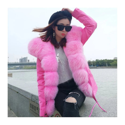 Drop Ship Maomaokong Oversize Fox Fur Hood Parka Coat Real Rabbit Fur Lining Winter Jacket Women Thick Winter Outwear
