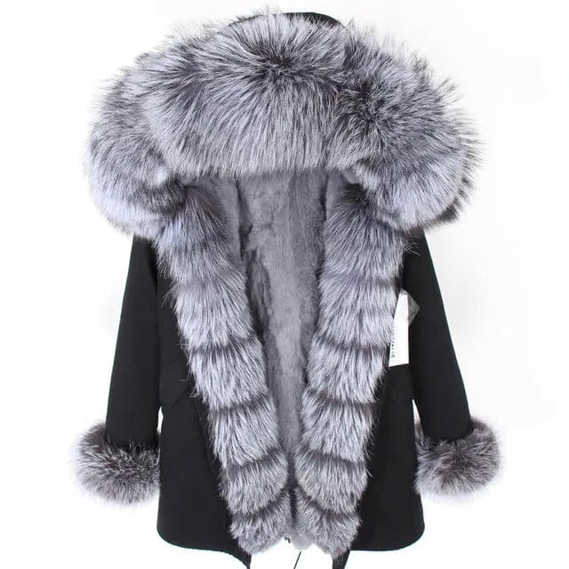 Drop Ship Maomaokong Real Fur Jacket Natural Rabbit Fur Lined Long Parka Fur Coat
