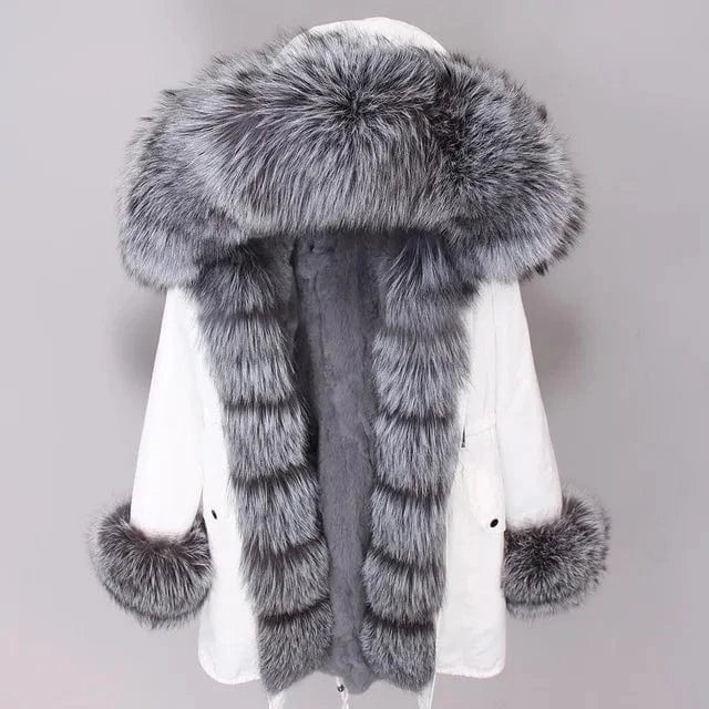 Drop Ship Maomaokong Real Fur Jacket Natural Rabbit Fur Lined Long Parka Fur Coat