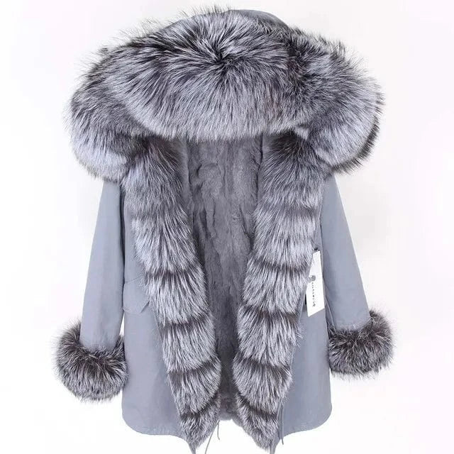 Drop Ship Maomaokong Real Fur Jacket Natural Rabbit Fur Lined Long Parka Fur Coat