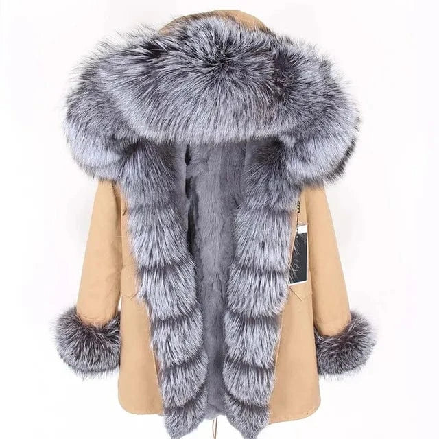 Drop Ship Maomaokong Real Fur Jacket Natural Rabbit Fur Lined Long Parka Fur Coat