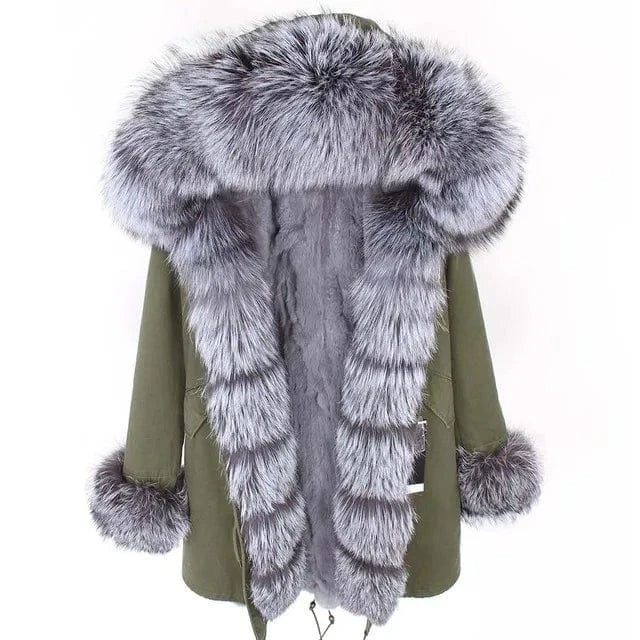 Drop Ship Maomaokong Real Fur Jacket Natural Rabbit Fur Lined Long Parka Fur Coat