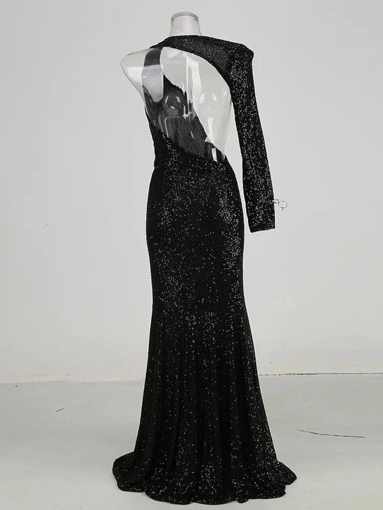 Drop Shipping Latest Fashion Style Nightclub Evening Dress One-Shoulder Sequin Backless Cut Out Sexy Women Maxi Dress