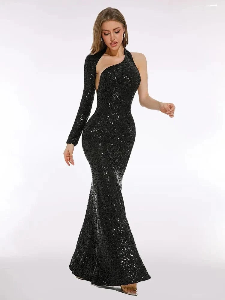 Drop Shipping Latest Fashion Style Nightclub Evening Dress One-Shoulder Sequin Backless Cut Out Sexy Women Maxi Dress