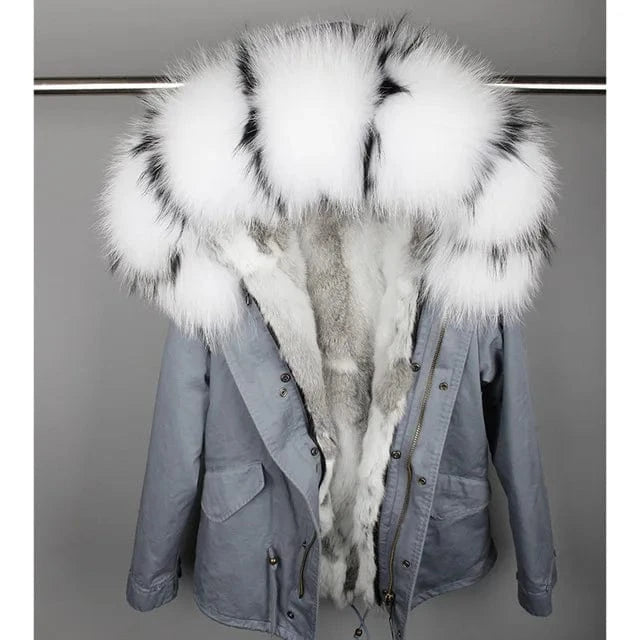 Drop Shipping Maomaokong Oversize Raccoon Fur Hood Short Parka Rabbit Fur Lined Winter Jacket Coat with Fur