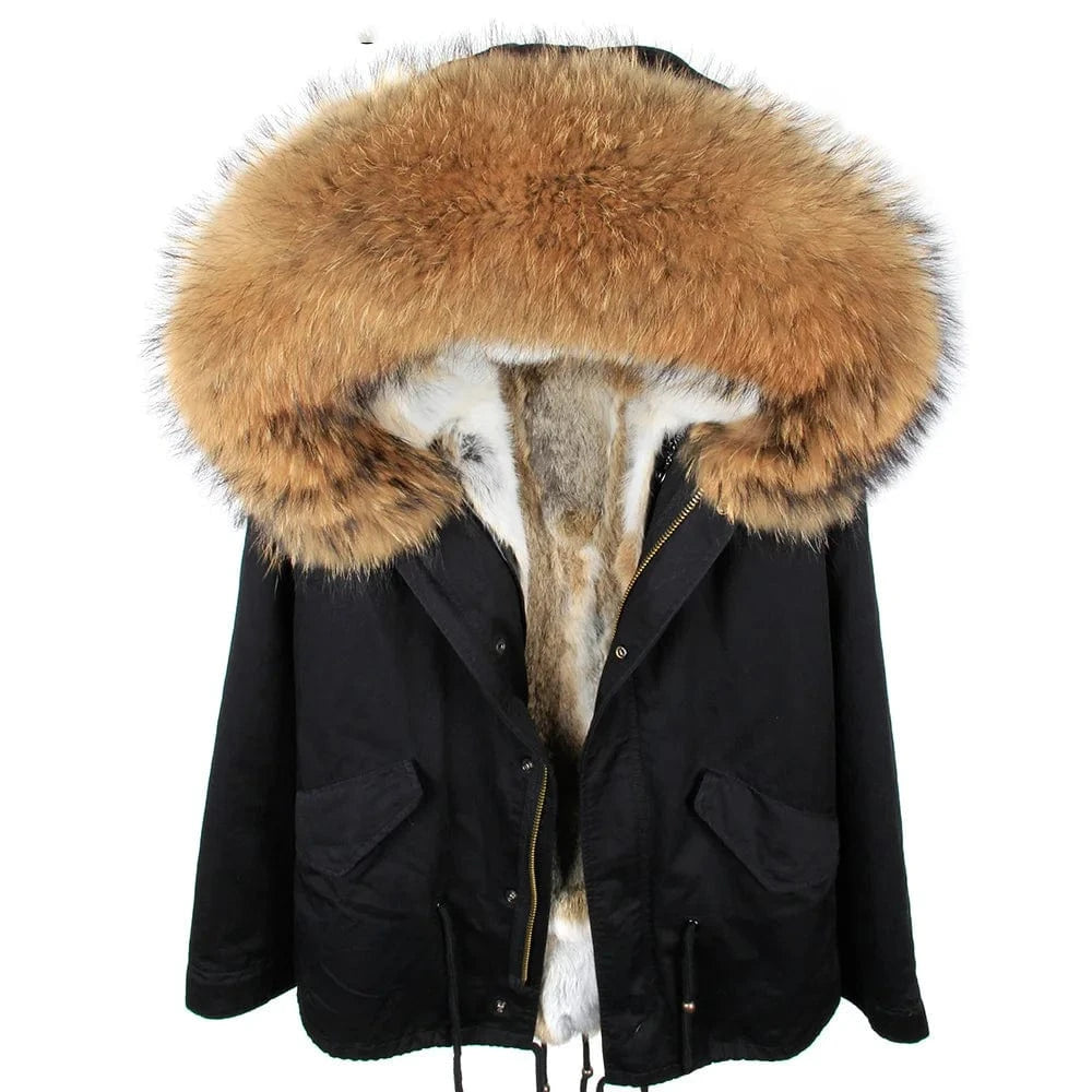 Drop Shipping Maomaokong Oversize Raccoon Fur Hood Short Parka Rabbit Fur Lined Winter Jacket Coat with Fur