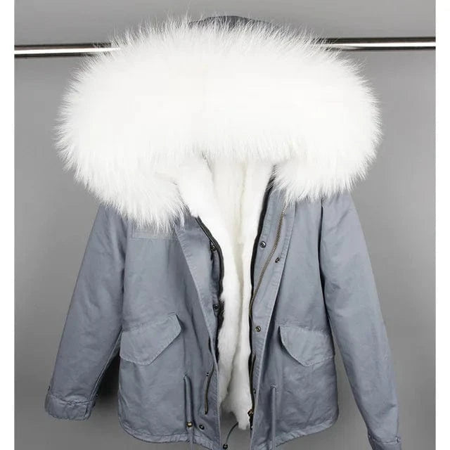 Drop Shipping Maomaokong Oversize Raccoon Fur Hood Short Parka Rabbit Fur Lined Winter Jacket Coat with Fur