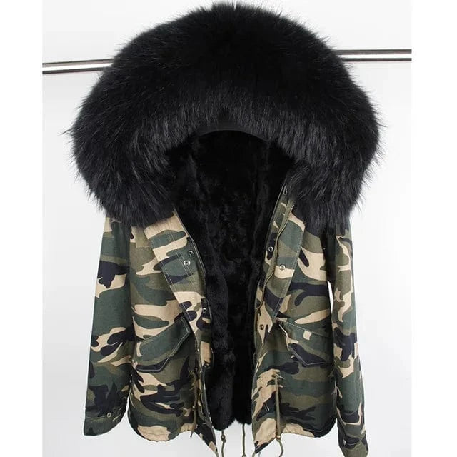 Drop Shipping Maomaokong Oversize Raccoon Fur Hood Short Parka Rabbit Fur Lined Winter Jacket Coat with Fur